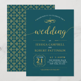 Goud & Teal | Elegante Klassieke Trouwceremonie Kaart