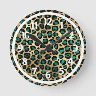 Goud & Teal Glam Luipaardprint Ronde Klok