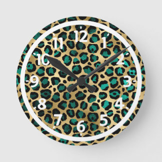 Goud & Teal Glam Luipaardprint Ronde Klok