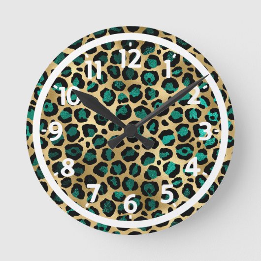 Goud & Teal Glam Luipaardprint Ronde Klok (Voorkant)