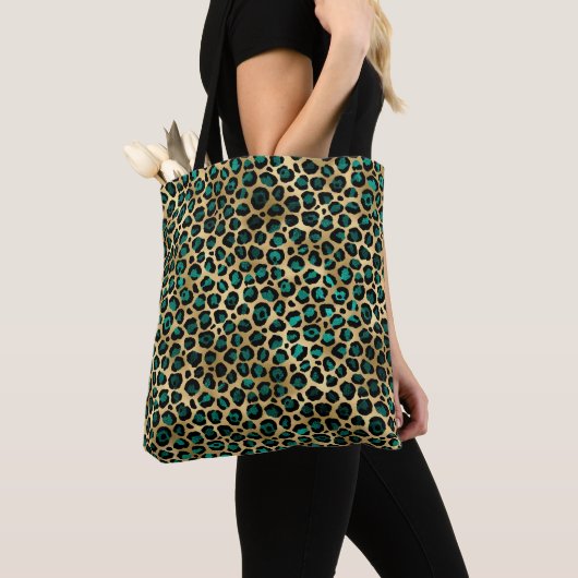 Goud & Teal Glam Luipaardprint Tote Bag (Dichtbij)