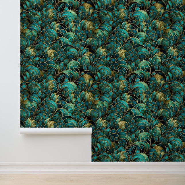 Goud Teal Groen Art Deco Behang (Applicatie)