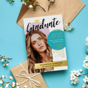 Goud & Teal Retro Boog Foto Afstuderen Folie Uitnodiging