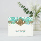 Goud & Teal Zee Schelp Glam Strand Bewaar de Datum Aankondigingskaart (Staand voorkant)
