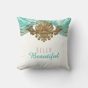 Goud & Teal Zee Schelp Glam Strand Elegante Aangep Kussen