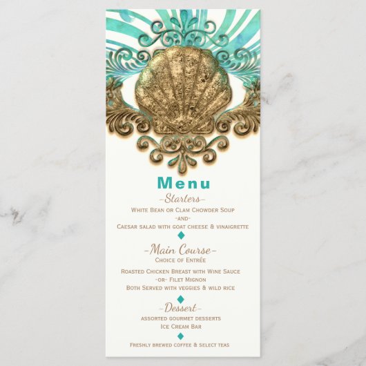 Goud & Teal Zee Schelp Glam Strand Elegante Menu K (Voorkant)