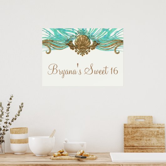 Goud & Teal Zee Schelp Glamour Strand Banner Poste Poster (Keuken)