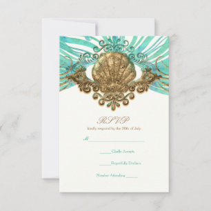 Goud & Teal Zeeschelp Glam Strand Elegante RSVP Ka Kaartje