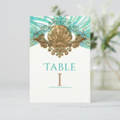 Goud & Teal Zeeschelp Glam Strand Tafel Nummerkaar Kaart (Staand voorkant)