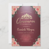 Goud Tiara Bourgondië Bloemen Rozen Quinceañera Kaart (Voorkant)