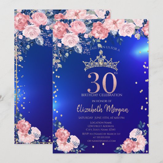 Goud Tiara Diamonds Bloemen Blauw 30ste Verjaardag Kaart (Voorkant / Achterkant)