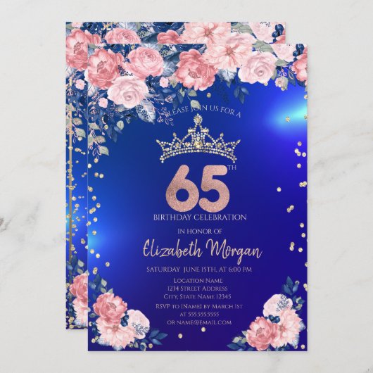 Goud Tiara Diamonds Bloemen Blauw 65ste Verjaardag Kaart (Voorkant / Achterkant)