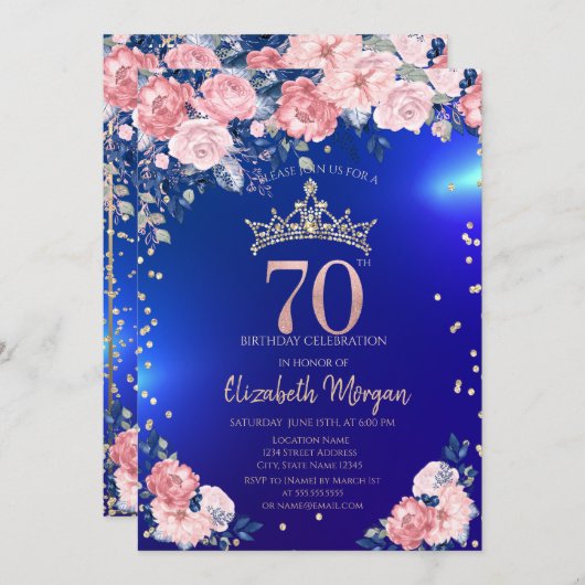 Goud Tiara Diamonds Bloemen Blauw 70ste Verjaardag Kaart (Voorkant / Achterkant)
