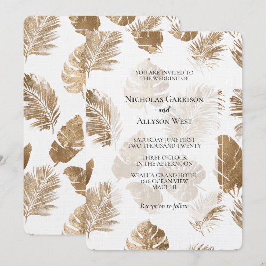 Goud Tropical Leaves Wedding Kaart (Voorkant / Achterkant)