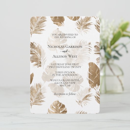 Goud Tropical Leaves Wedding Kaart (Staand voorkant)