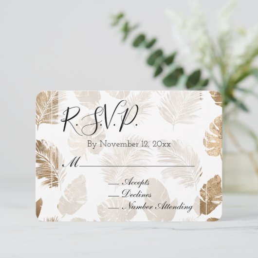 Goud Tropical Leaves Wedding RSVP Informatiekaartje (Staand voorkant)