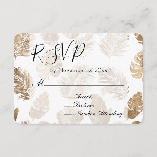 Goud Tropical Leaves Wedding RSVP Informatiekaartje (Voorkant)