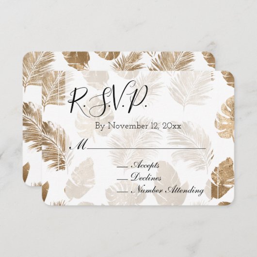 Goud Tropical Leaves Wedding RSVP Informatiekaartje (Voorkant / Achterkant)