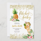 Goud tropisch anananasmeisje met blauw Baby shower Kaart (Voorkant)