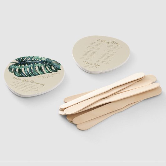 Goud Tropisch Blad Monstera Palm Bruiloft Programm Handwaaier (Niet-gemonteerd)