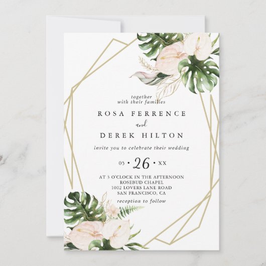 Goud Tropisch Bladerwerk Bloemen Casual Bruiloft Kaart (Voorkant)