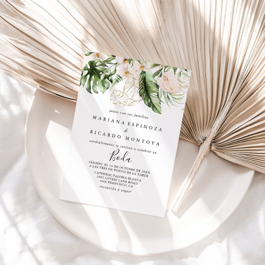 Goud Tropisch Bladerwerk Bloemen Spaans Bruiloft Kaart