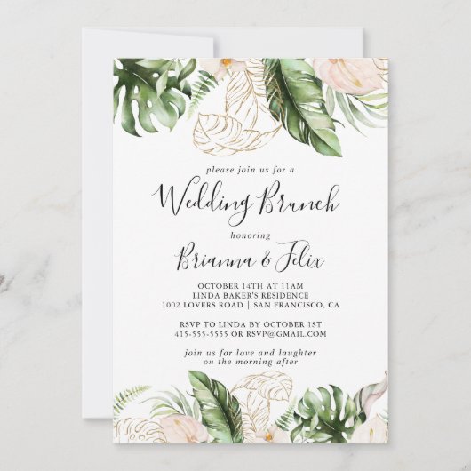 Goud Tropisch Bladgroen Bloemen Bruiloft Brunch Kaart (Voorkant)