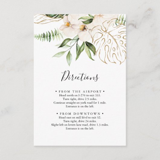 Goud Tropisch Bladgroen Bloemen Bruiloft Routebesc Informatiekaartje (Voorkant)
