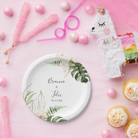 Goud Tropisch Bladgroen Bloemen Bruiloft Taart Papieren Bordje (Feest)