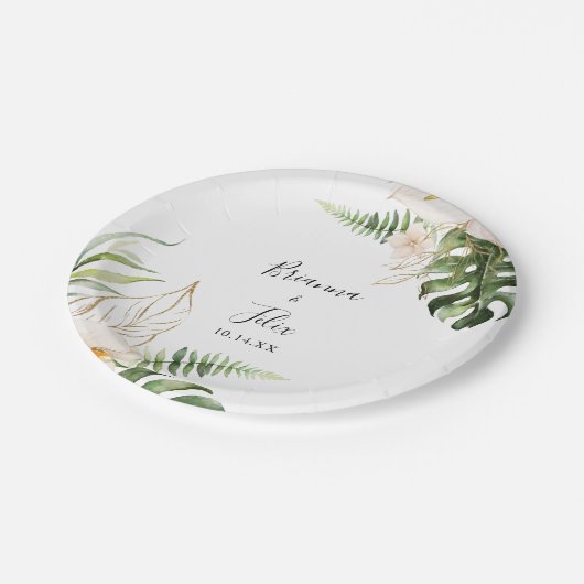 Goud Tropisch Bladgroen Bloemen Bruiloft Taart Papieren Bordje (Gekanteld)