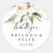 Goud Tropisch gebladerte dank u bruiloft gunst Ronde Sticker (Voorkant)