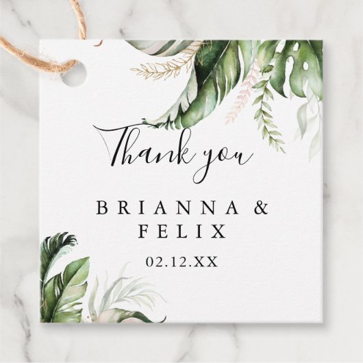 Goud Tropisch groen bruiloft Bedankjes Labels (Voorkant)