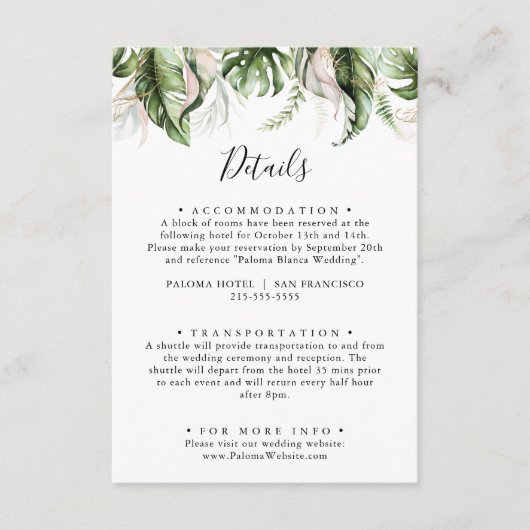 Goud Tropisch groen Bruiloft Details Informatiekaartje (Voorkant)