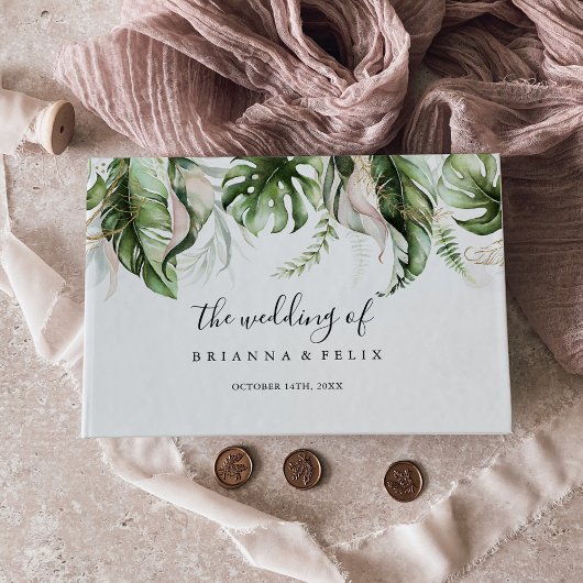 Goud Tropisch groen bruiloft Gastenboek