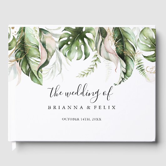 Goud Tropisch groen bruiloft Gastenboek (Voorkant)