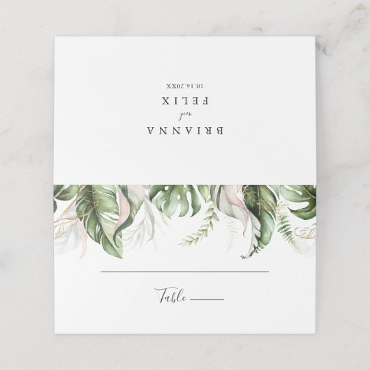 Goud Tropisch groen Bruiloft Plaats Kaart Plaatskaartje (Buitenkant ongevouwen)