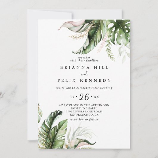 Goud Tropisch groen Casual bruiloft Kaart (Voorkant)