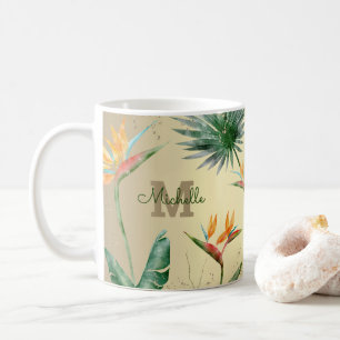 Goud Tropisch Palmblad Bloemen Monogram Script Koffiemok
