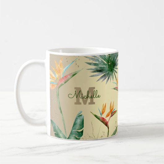 Goud Tropisch Palmblad Bloemen Monogram Script Koffiemok (Links)