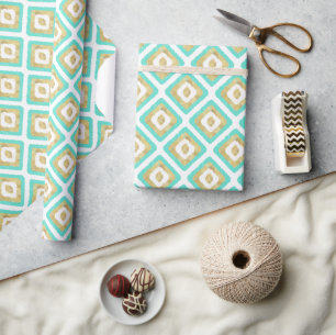 Goud & Turquoise geometrisch Ikat-patroon Cadeaupapier