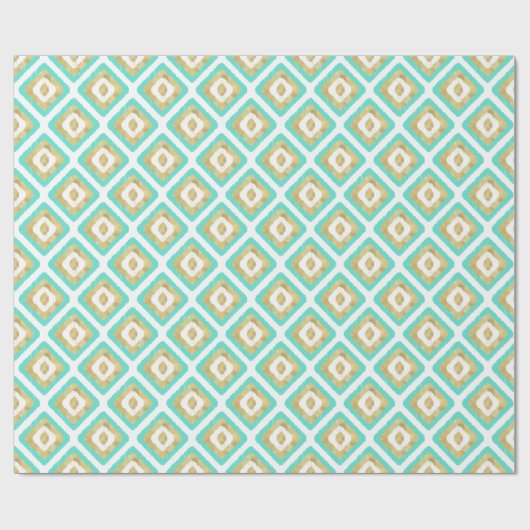 Goud & Turquoise geometrisch Ikat-patroon Cadeaupapier (Vlak)