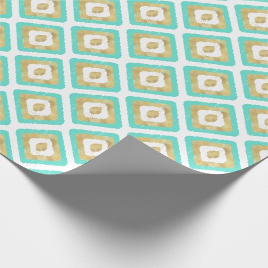 Goud & Turquoise geometrisch Ikat-patroon Cadeaupapier (Hoek)