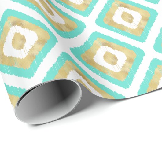 Goud & Turquoise geometrisch Ikat-patroon Cadeaupapier (Rol Hoek)