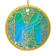 Goud, Turquoise letter M en Kleurrijke Bloemen