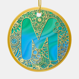 Goud, Turquoise letter M en Kleurrijke Bloemen Keramisch Ornament
