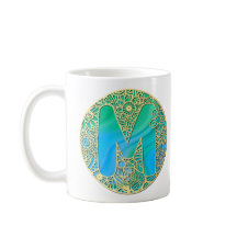 Goud, Turquoise Monogram M en Kleurrijke Bloemen