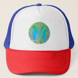 Goud, Turquoise Monogram M en Kleurrijke Bloemen Trucker Pet