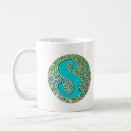 Goud, Turquoise Monogram S en Kleurrijke Bloemen Koffiemok