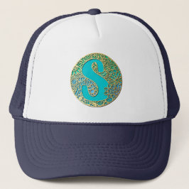 Goud, Turquoise Monogram S en Kleurrijke Bloemen Trucker Pet