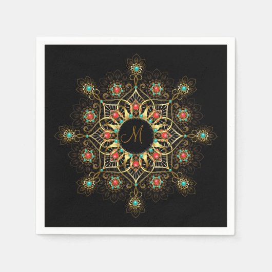 Goud Turquoise Red Mandala Monogram servetten (Voorkant)